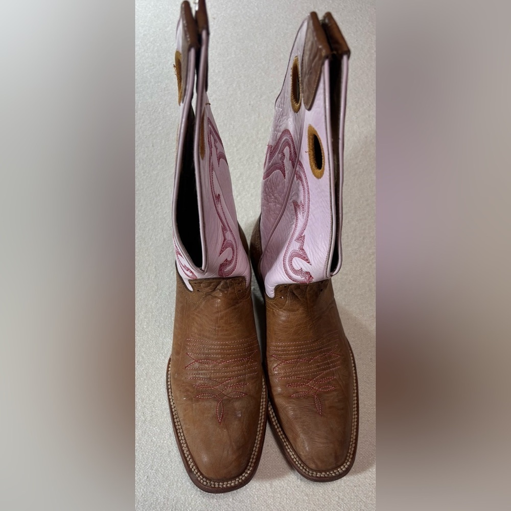 Hondo Boots Womens Brown Pink Leather Western Cowboy Square Toe Pull On USA - Picture 3 of 8